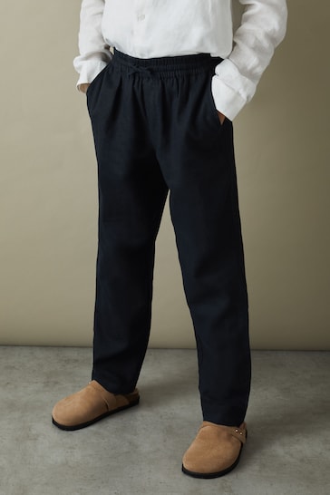 Reiss Navy Wilfred Linen Drawstring Tapered Trousers