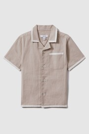 Reiss Stone/White Vitan Teen Linen Contrast Cuban Collar Shirt - Image 1 of 4