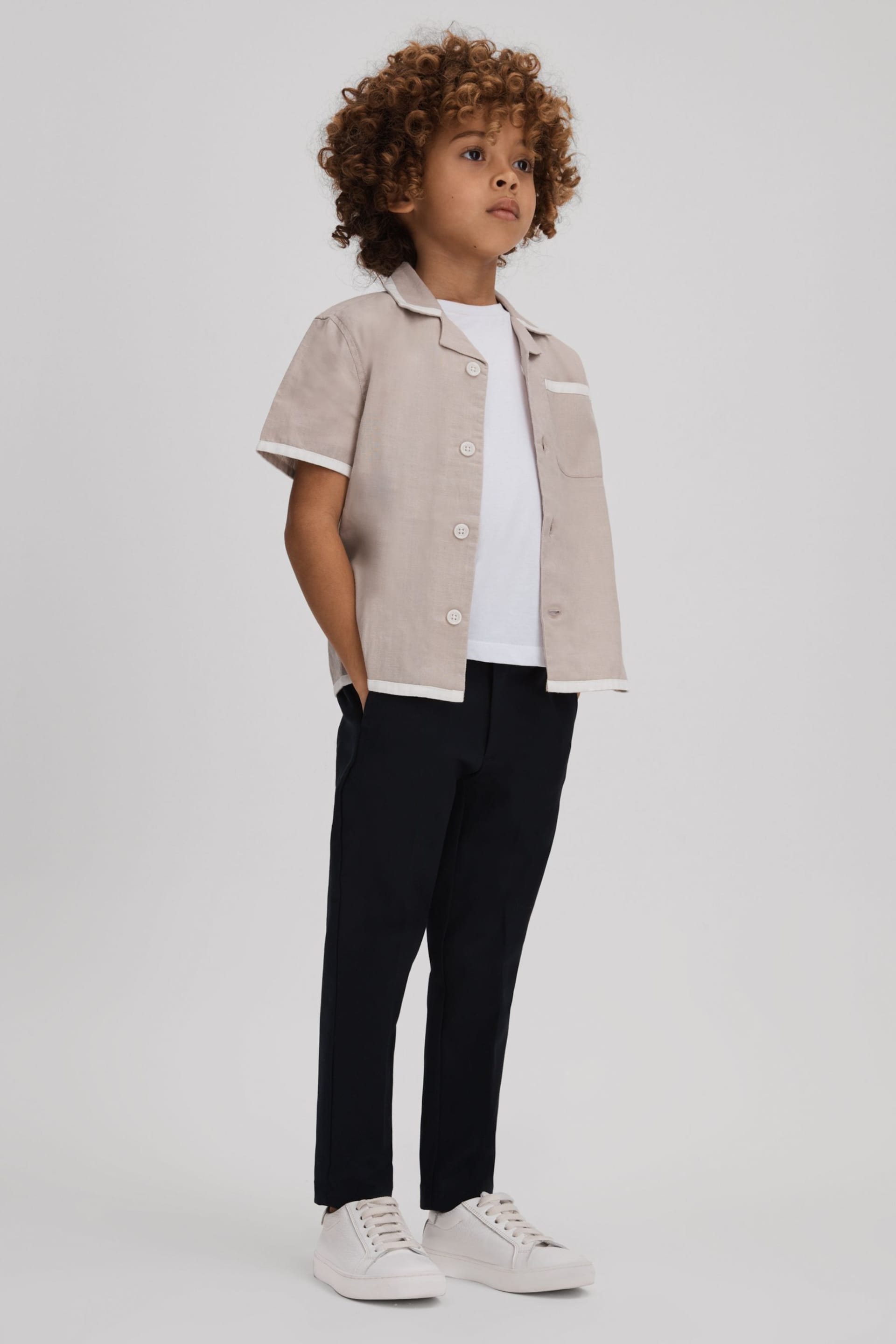 Reiss Stone/White Vitan Linen Contrast Cuban Collar Shirt - Image 3 of 4