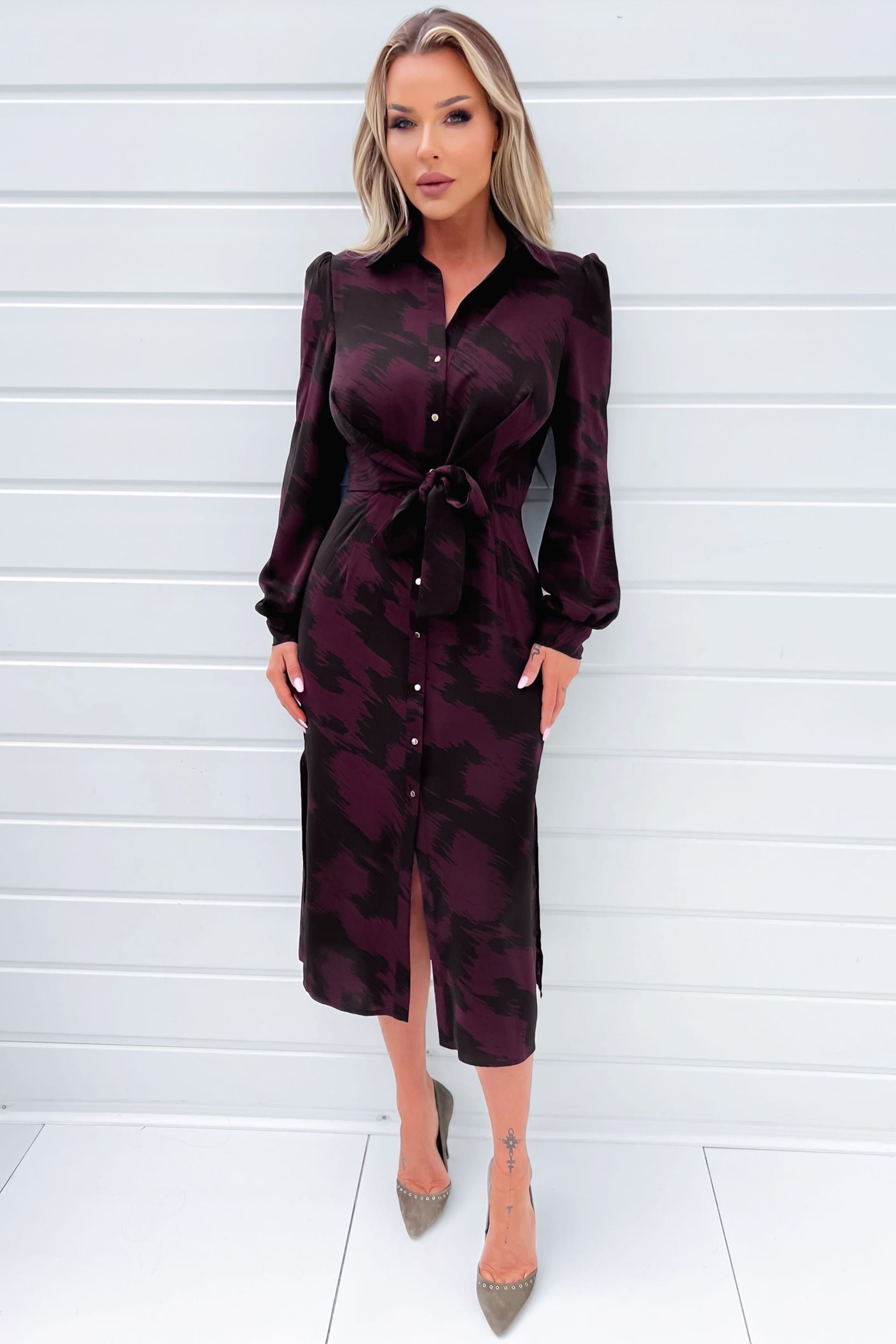 AX Paris Red Wine And Black Printed Button Front Tie Shirt Dress - Image 2 of 4