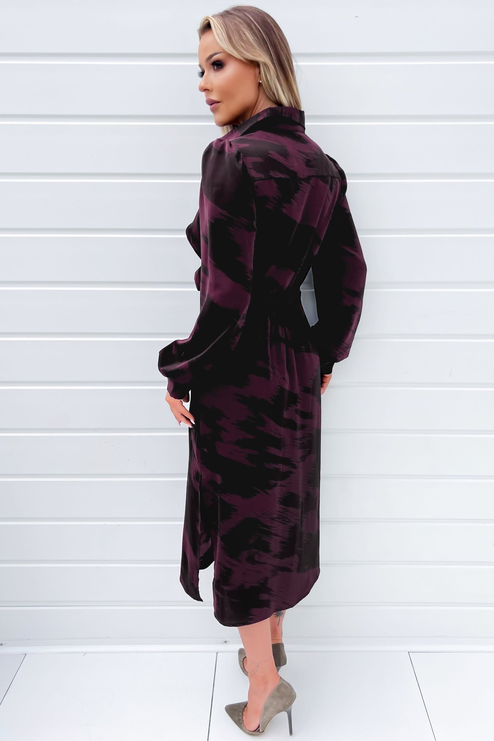 AX Paris Red Wine And Black Printed Button Front Tie Shirt Dress - Image 3 of 4