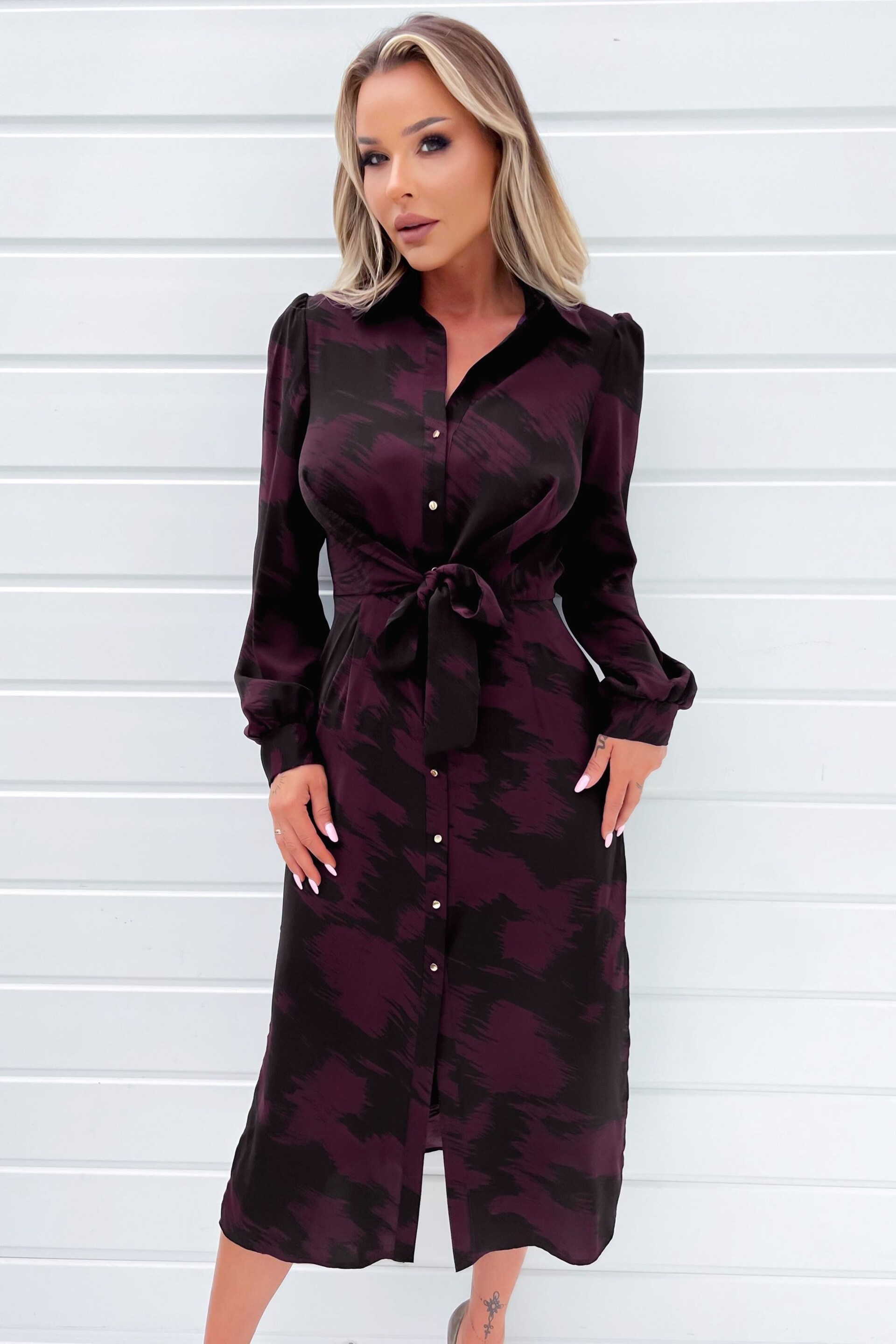 AX Paris Red Wine And Black Printed Button Front Tie Shirt Dress - Image 4 of 4