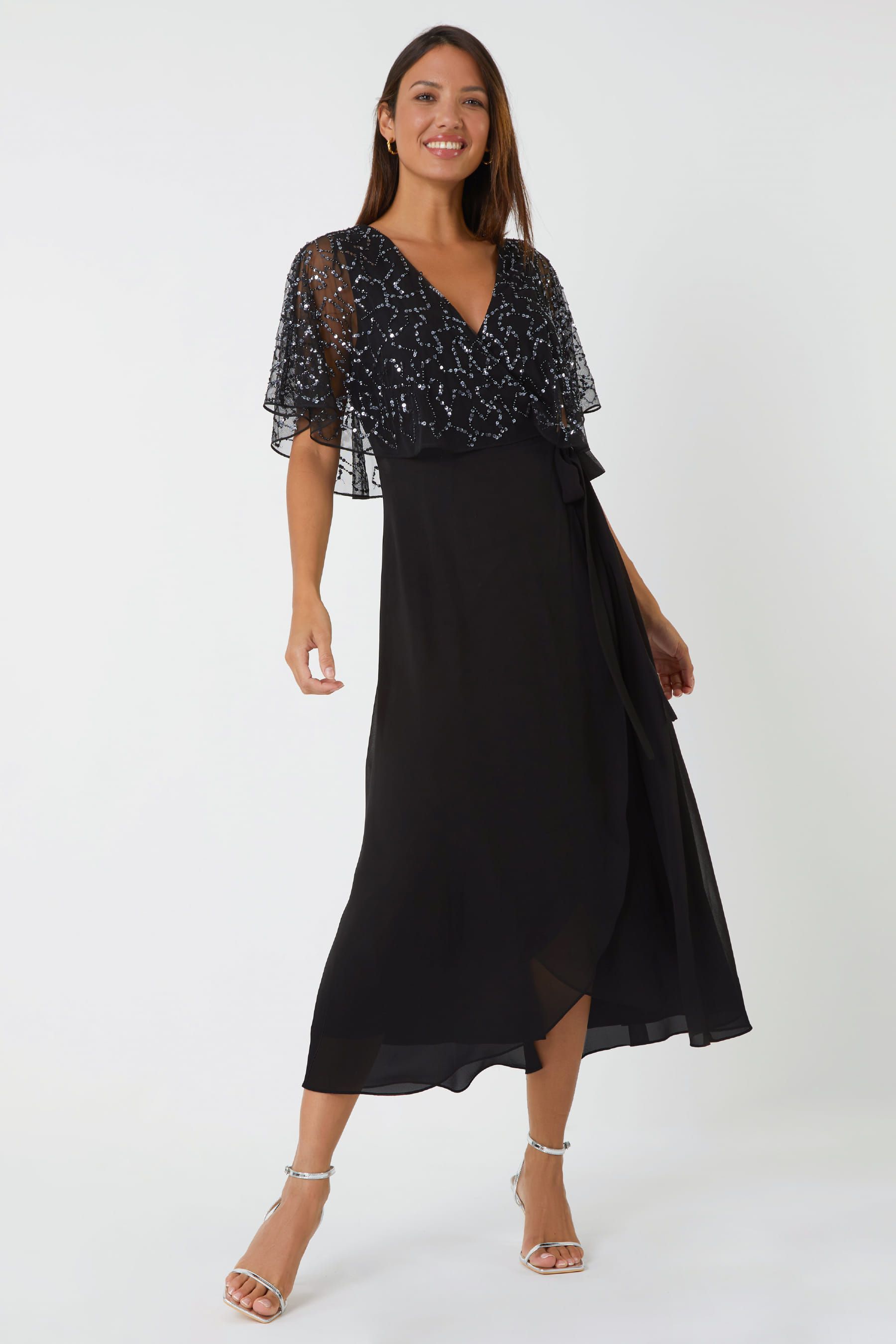 Buy Roman Black Sequin Embellished Cape Wrap Dress from the Next UK online shop