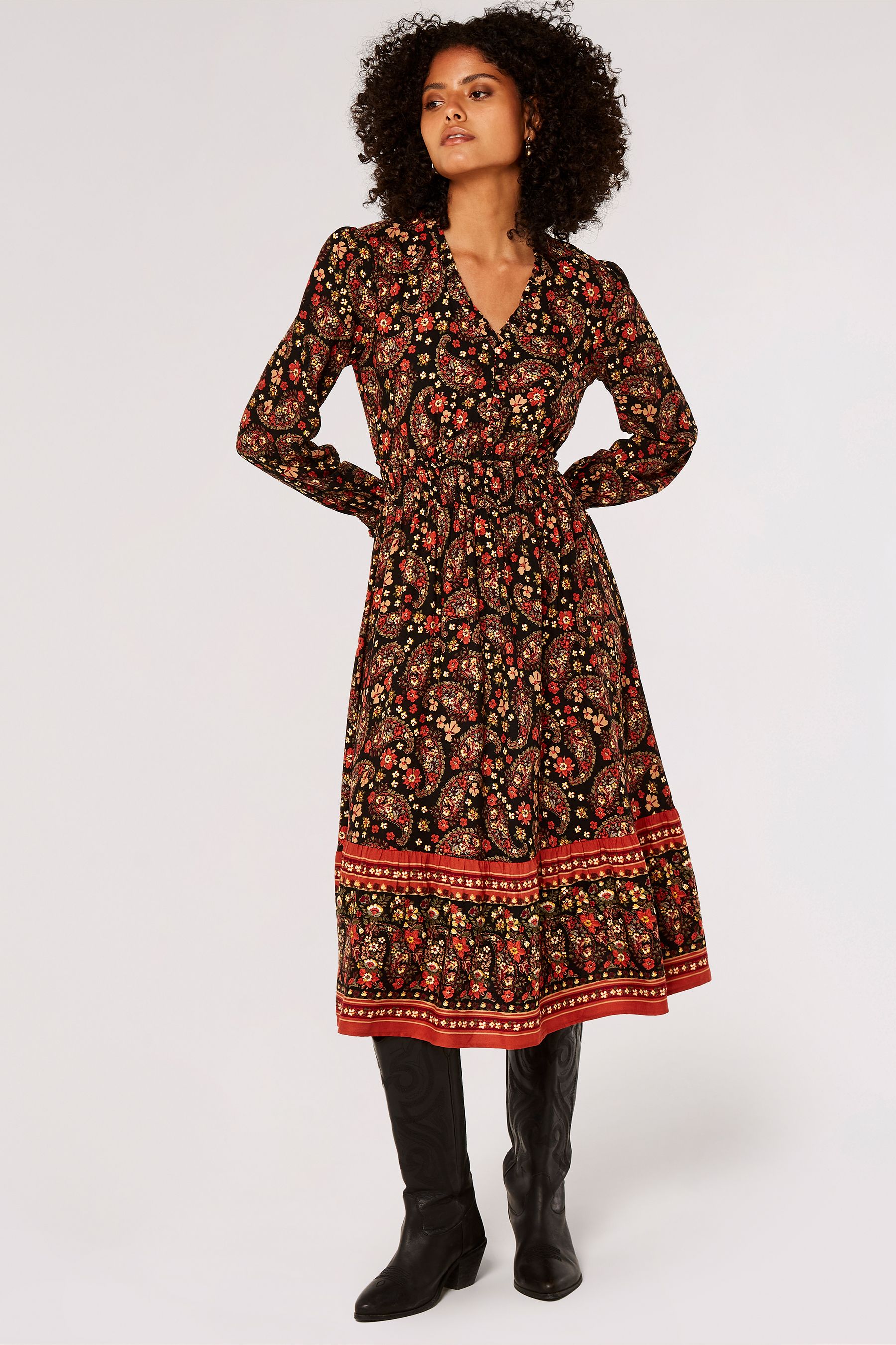 Apricot Black Floral Paisley Midi Dress