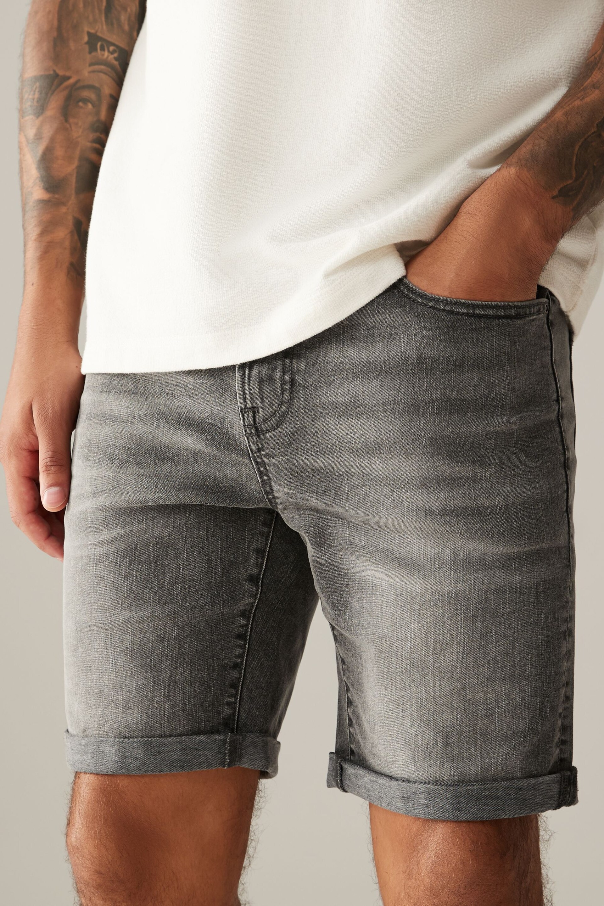 Grey Skinny Fit Stretch Denim Shorts - Image 1 of 8