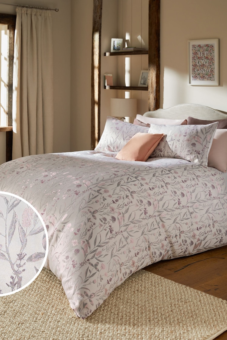 Pink Floral Jacquard Duvet Cover and Pillowcase Set - Image 1 of 3