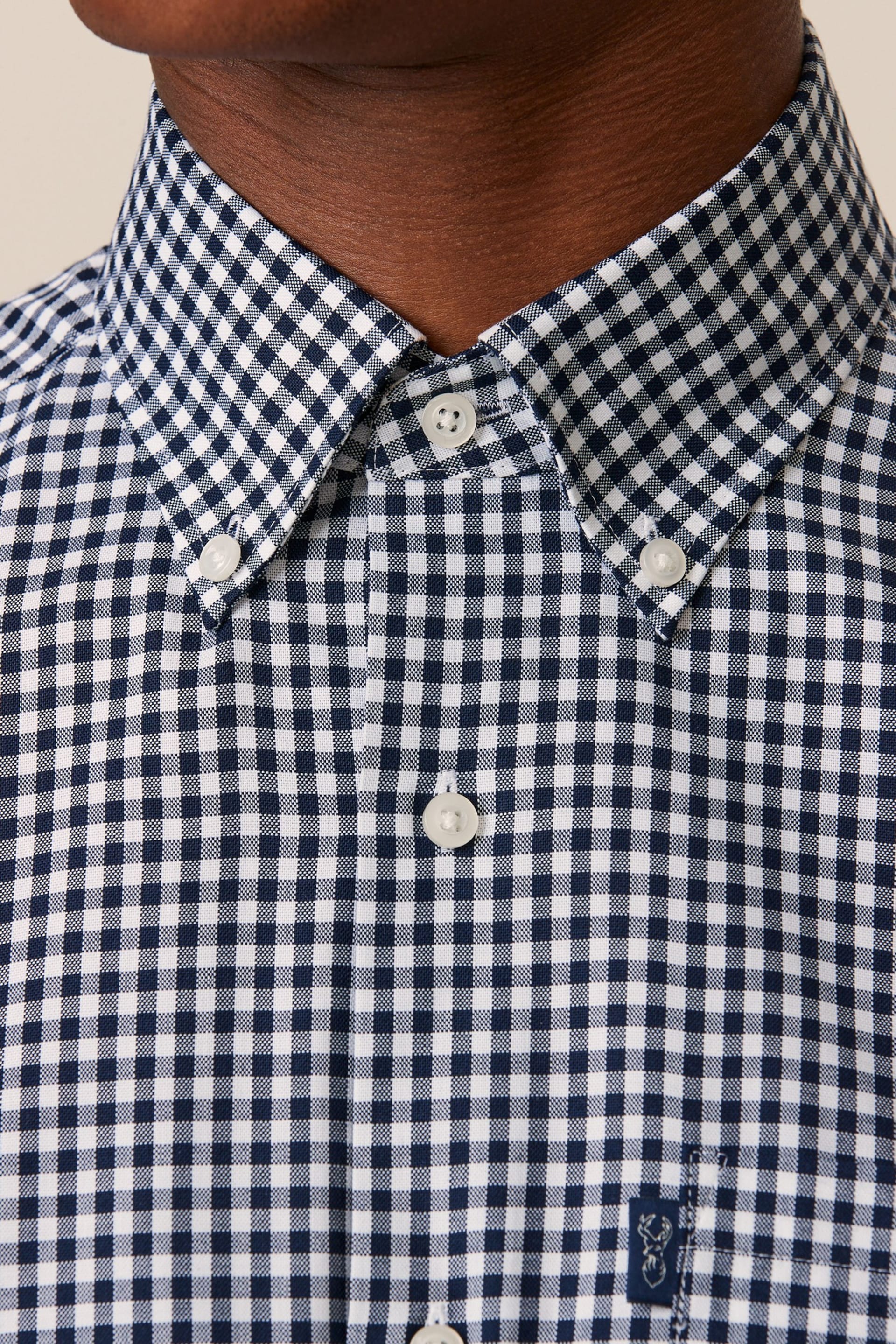 Navy Blue Gingham Easy Iron Button Down Oxford Shirt - Image 4 of 7