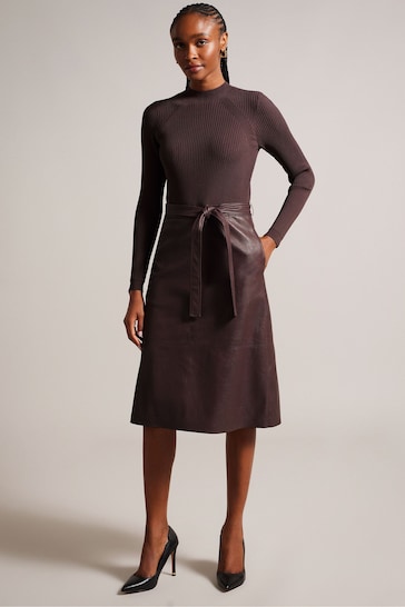 Ted Baker Alltaa Knitted Bodice Brown Dress With Faux Leather Skirt
