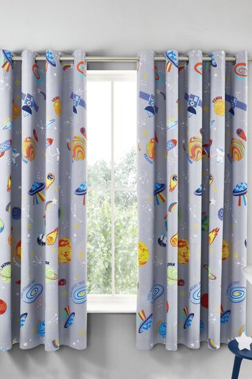 Catherine Lansfield Blue Lost In Space Reversible Lined Eyelet Christmas Curtains