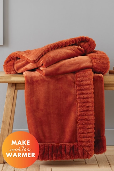 Catherine Lansfield Orange Velvet And Faux Fur Soft and Cosy Throw