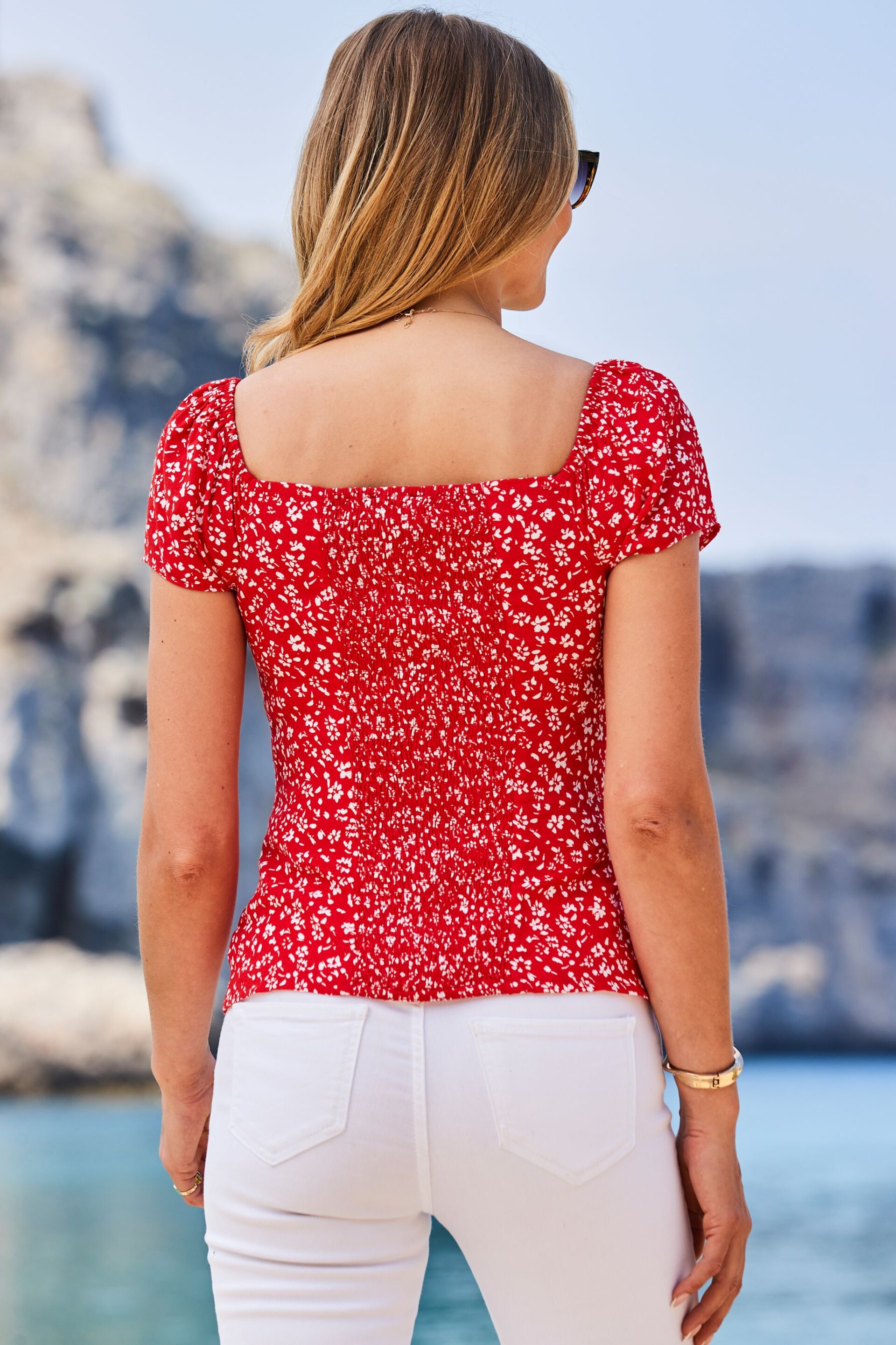 Sosandar Red Sweetheart Neckline Fitted Top - Image 2 of 5