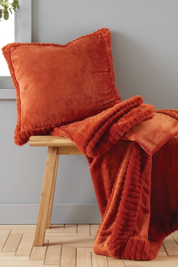 Catherine Lansfield Orange Velvet and Faux Fur Soft and Cosy Cushion