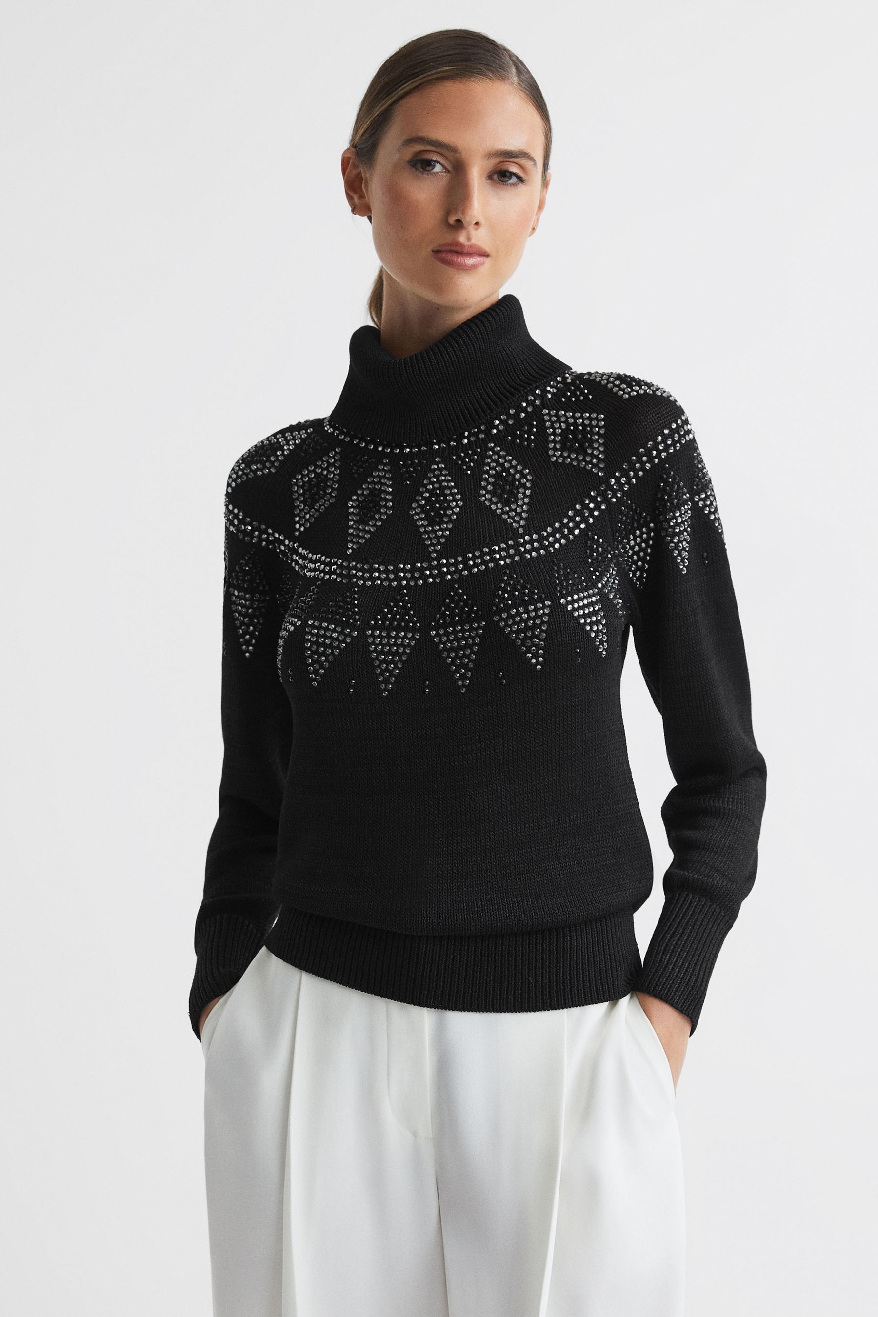 Buy Reiss Black Bella Embellished Fairisle Pattern Removable Roll Neck Jumper from the Next UK online shop