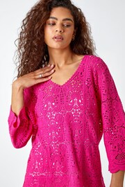 Roman Pink Crochet V-Neck 3/4 Sleeve Tunic Top - Image 4 of 5