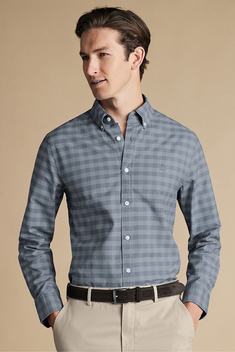 Charles Tyrwhitt Grey Slim Fit Flint Gingham Button-Down Washed Oxford 100% Cotton Shirt - Image 1 of 7