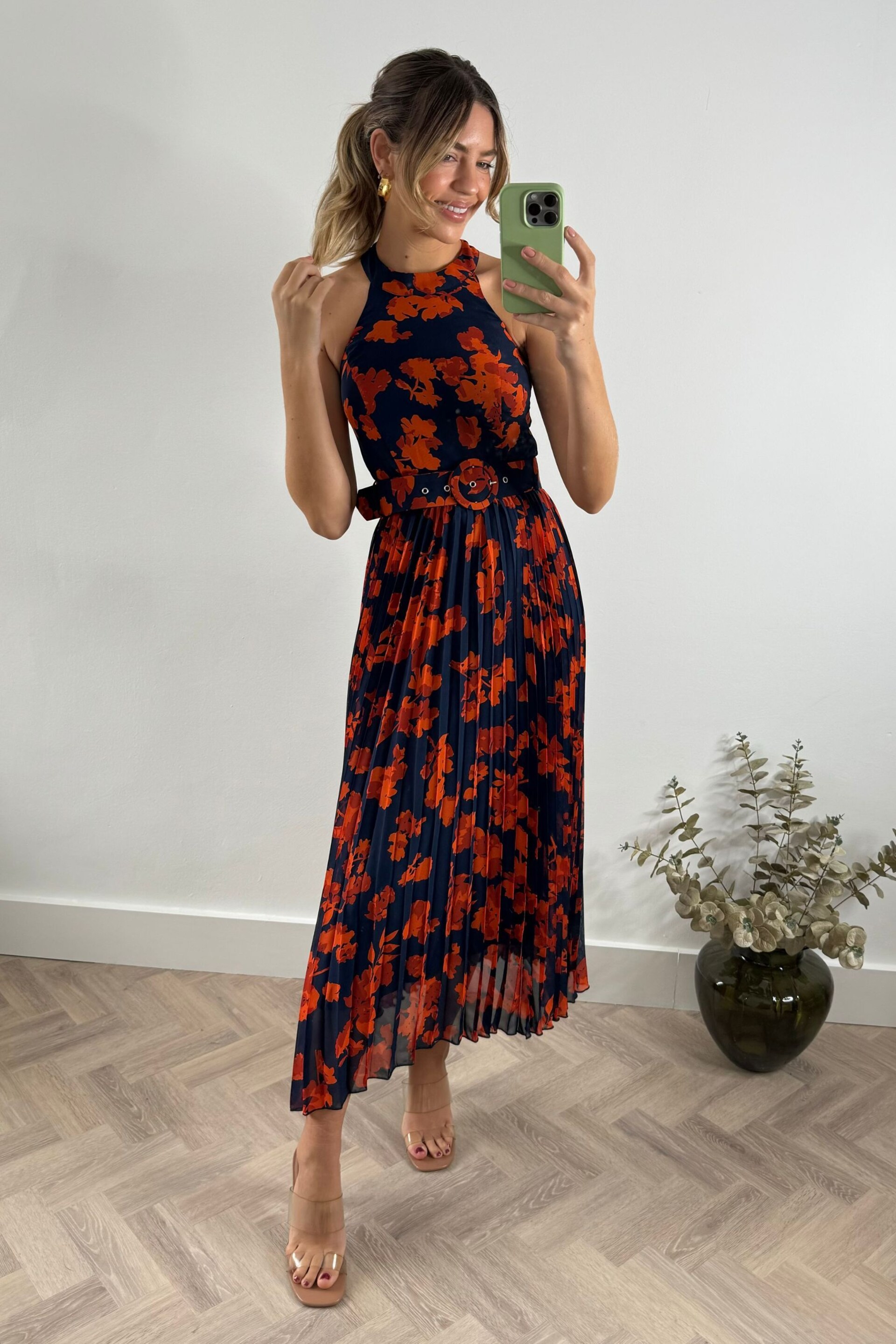 Style Cheat Navy Orange Floral Luisa Halter Pleated Maxi Dress - Image 4 of 4