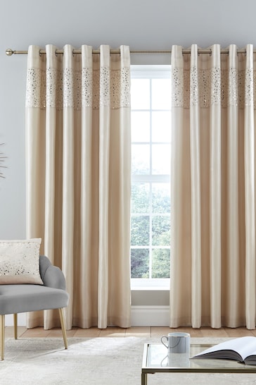 Catherine Lansfield Natural Glitzy Sequin Eyelet Lined Curtains