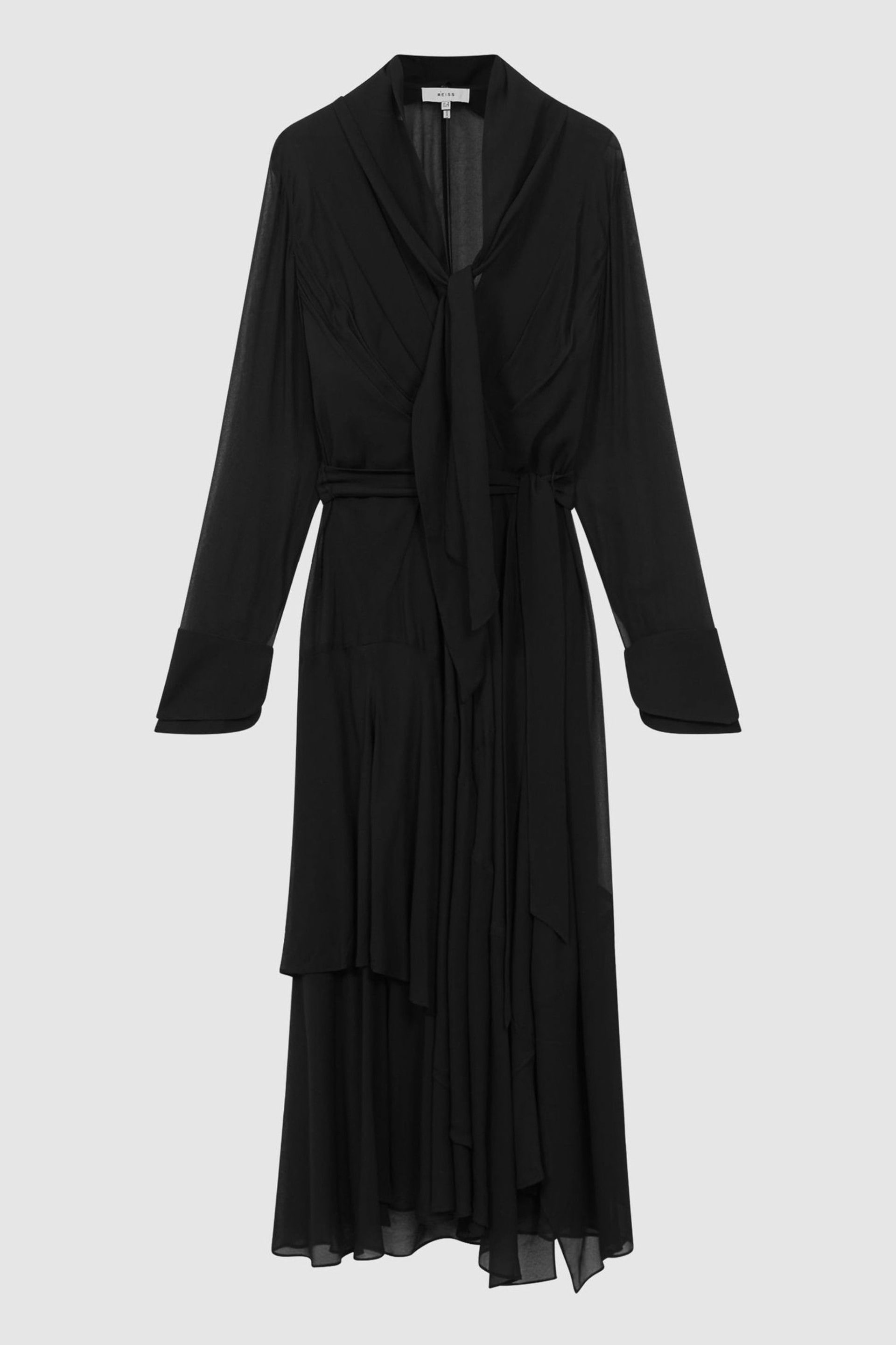 Reiss Black Callie Belted Ruffle Midi Dress - Image 2 of 5