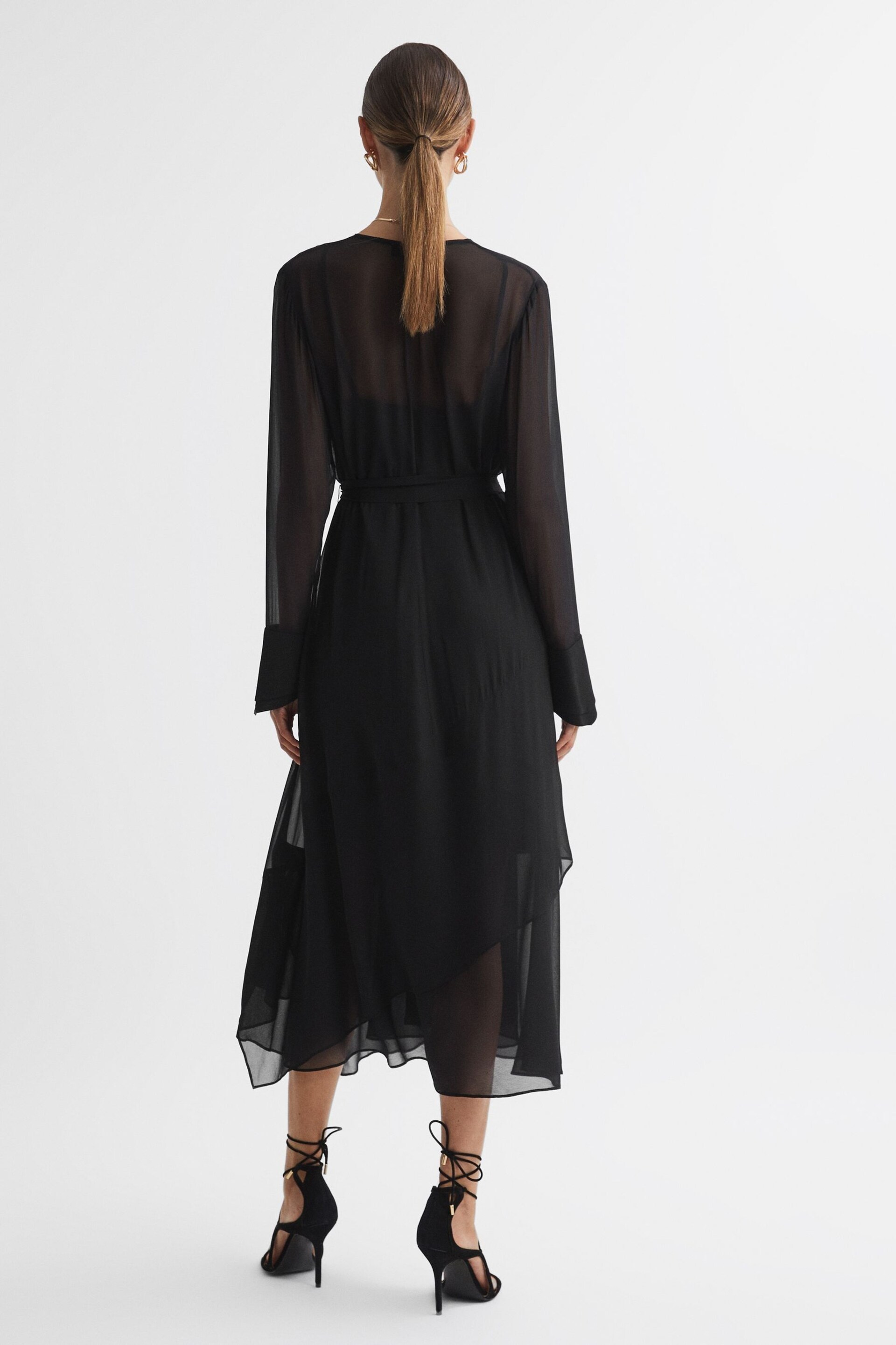 Reiss Black Callie Belted Ruffle Midi Dress - Image 5 of 5