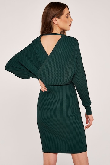 Apricot Forest Green Ribbed Double V Knitted Dress