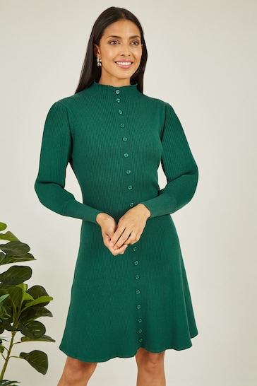 Yumi Green Knitted Button Up Midi Dress With Balloon Sleeves