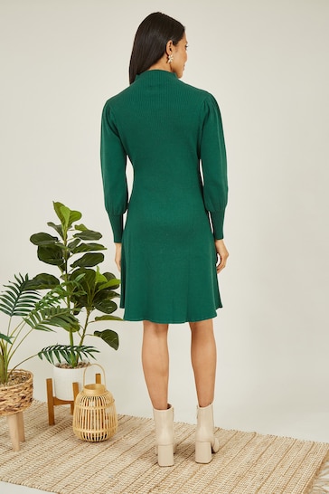 Yumi Green Knitted Button Up Midi Dress With Balloon Sleeves