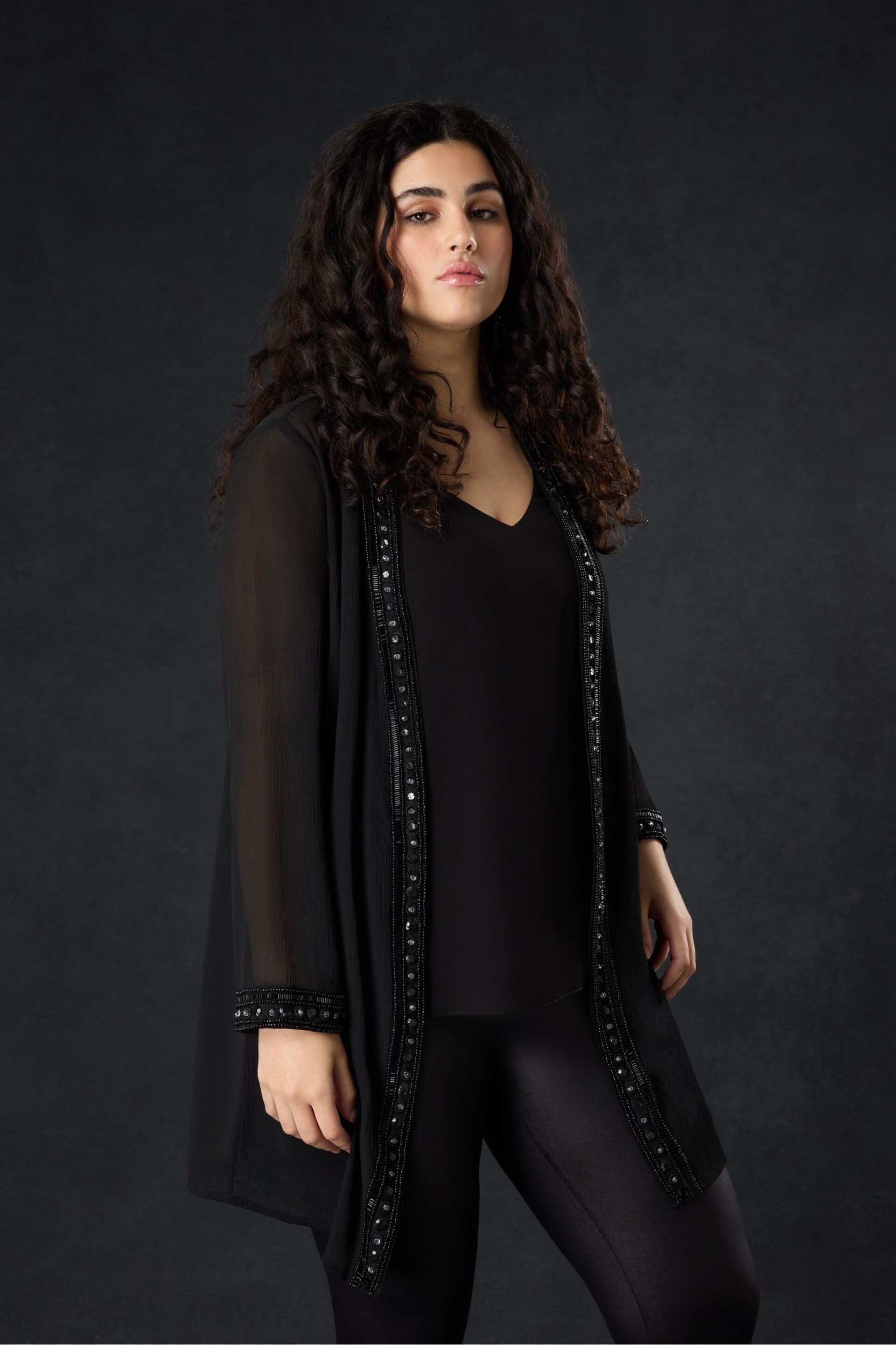 Live Unlimited Curve Embellished Chiffon Edge to Edge Black Jacket - Image 1 of 4