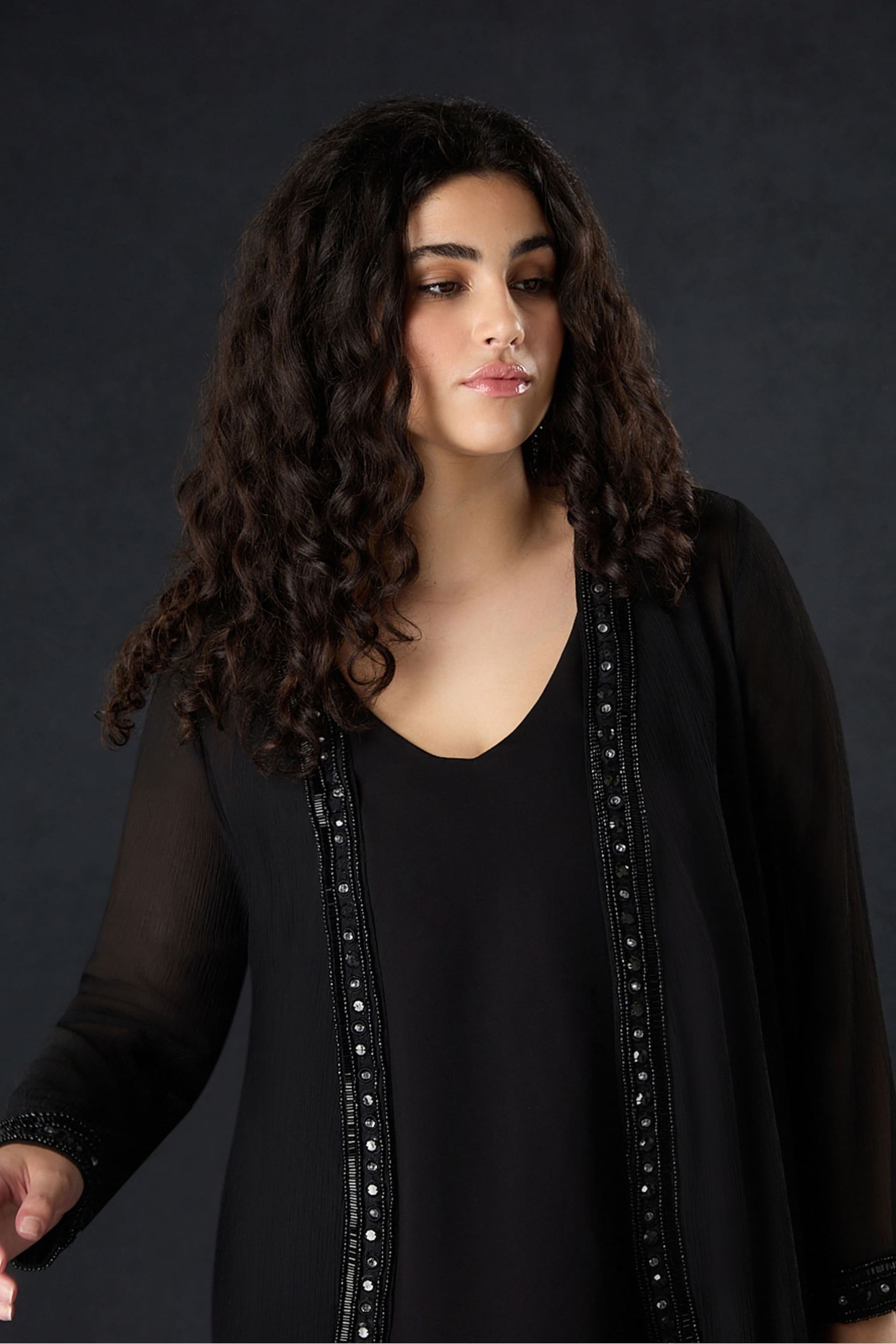 Live Unlimited Curve Embellished Chiffon Edge to Edge Black Jacket - Image 2 of 4