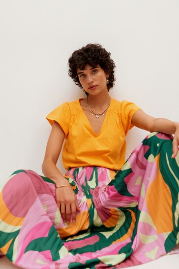 Oliver Bonas Green Abstract Swirl Print Plisse Midi Skirt