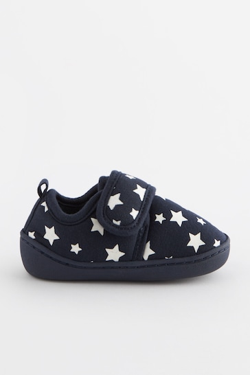 Navy Glow in the Dark Star Touch Fastening Cupsole Print Slippers