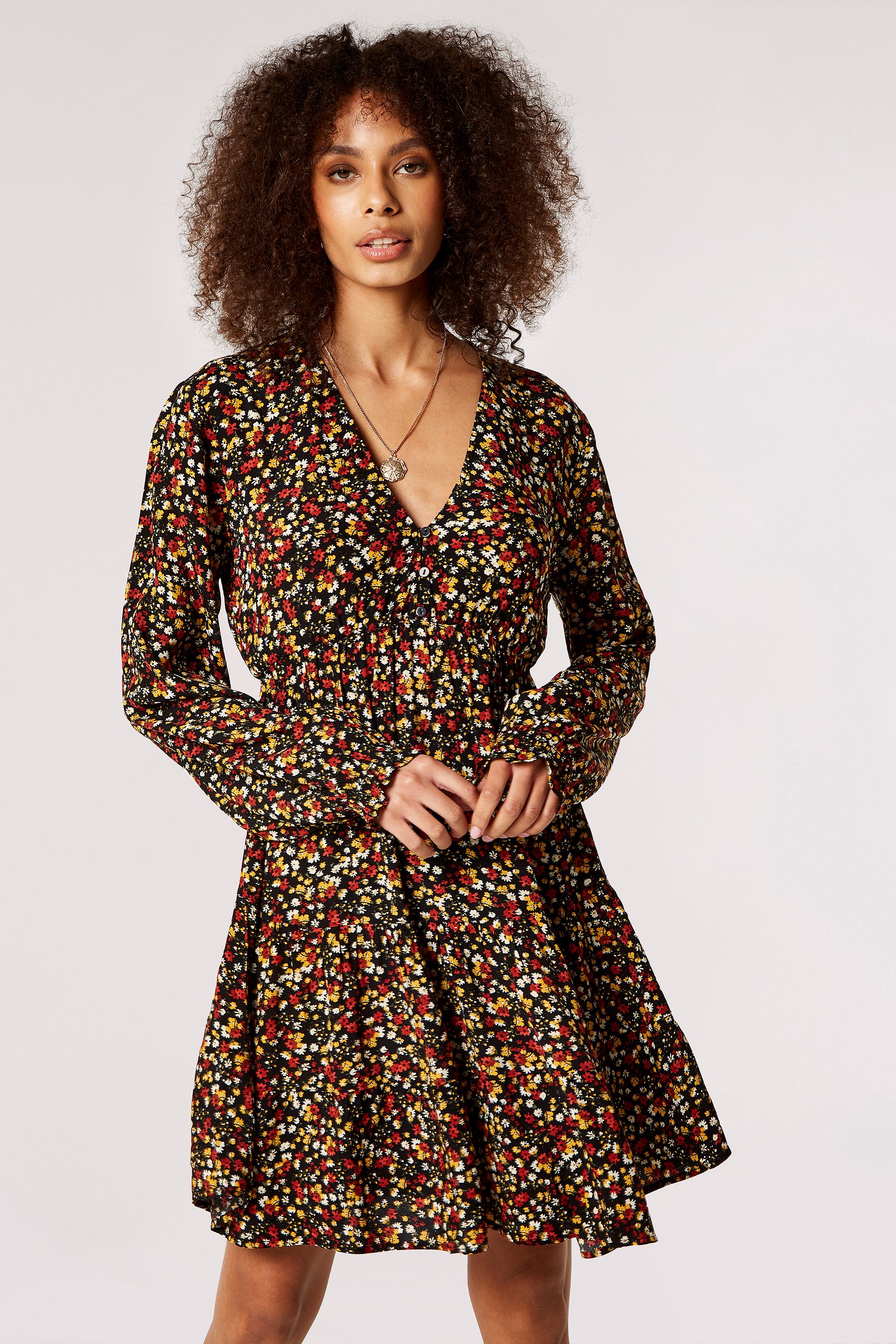 Buy Apricot Black Ditsy Tiered Button Detail Dress from the Next UK online shop