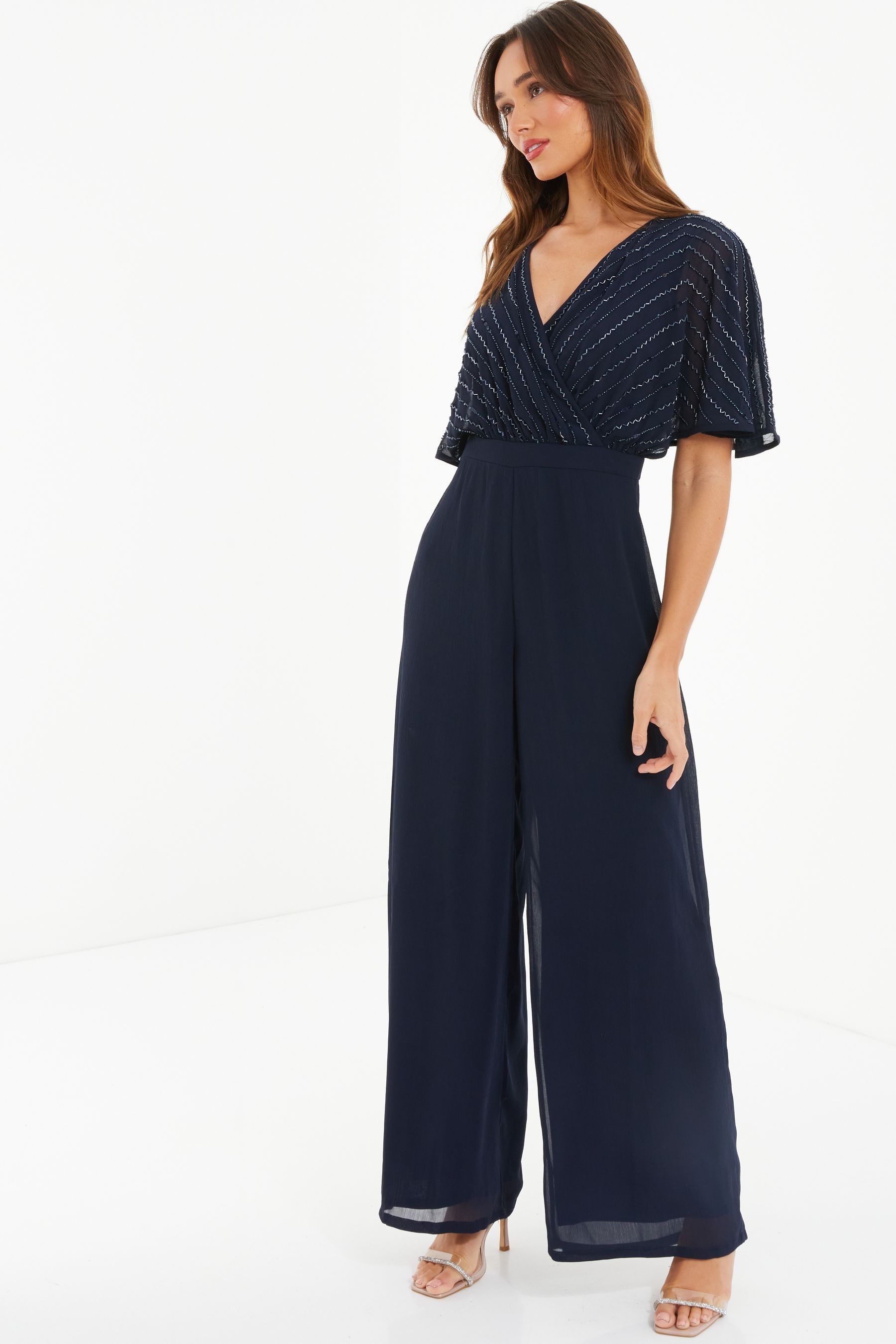 Quiz grey chiffon cap sleeve embellished maxi dress discount