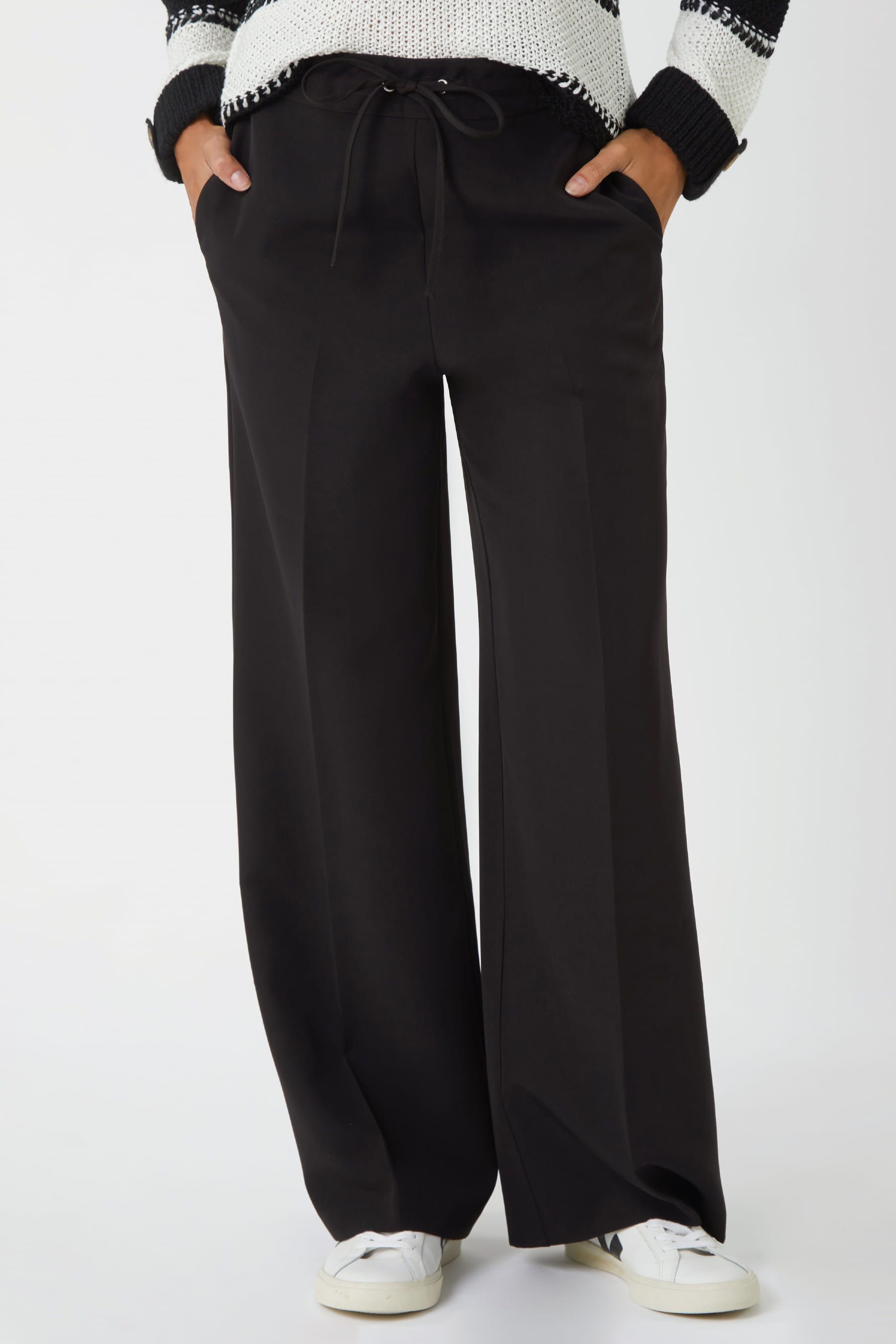 Roman Black Wide Leg Tie Front Trousers