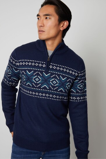 Threadbare Blue 1/4 Zip Christmas Knitted Jumper