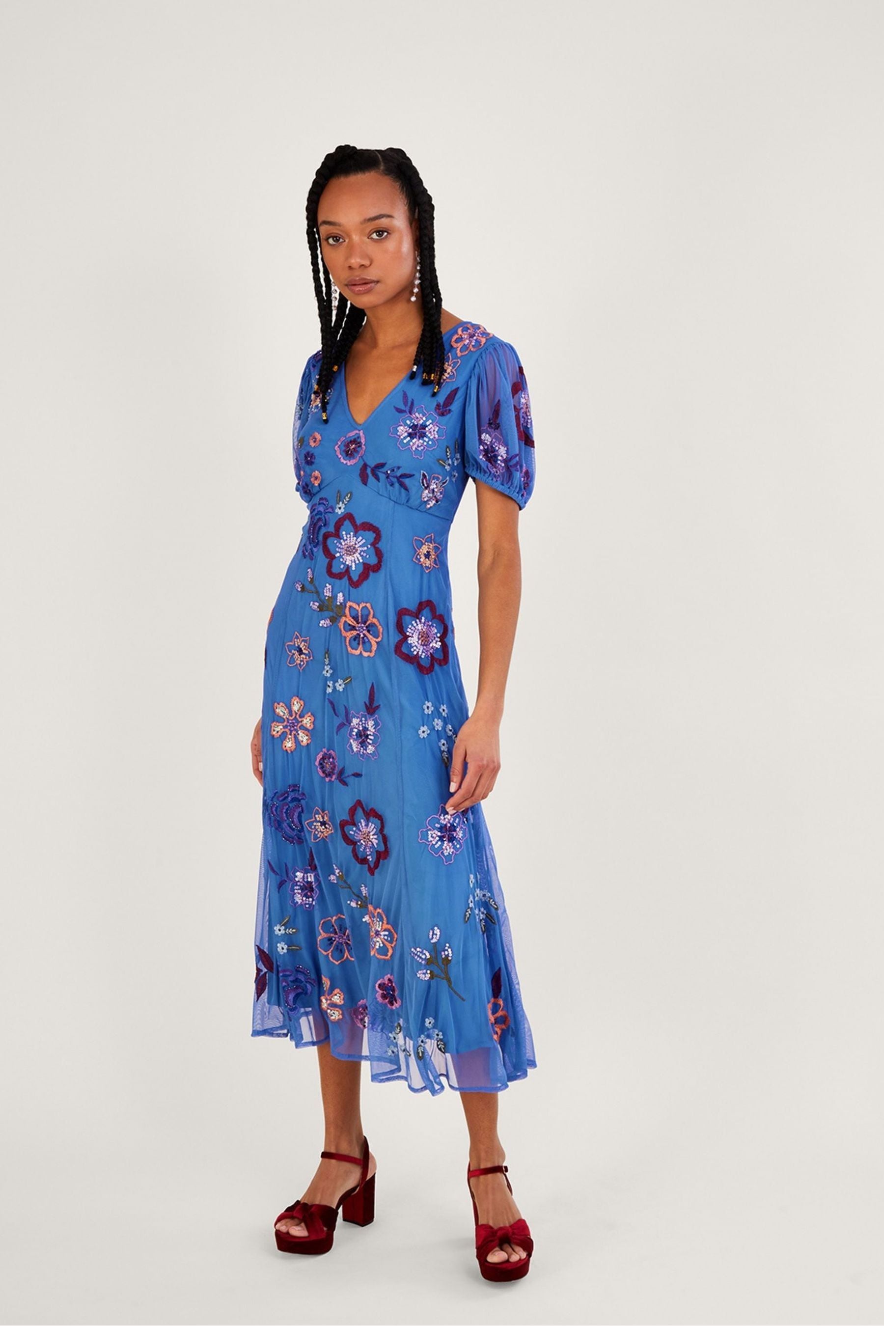 Buy Monsoon Blue Annie Embroidered Midi Dress in Recycled Polyester from Next Luxembourg