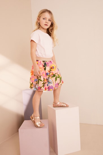 Pink Embroidered Floral Pull-On Skirt (3-16yrs)