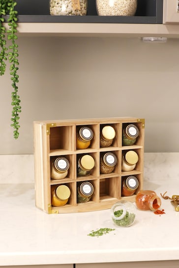 Kitchen Pantry Set of 12 Brown Unfilled Spice Jars & Storage Rack