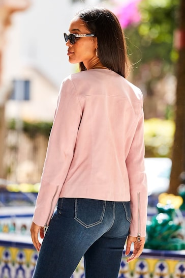 Sosandar Pink Suede Zip Front Round Neck Leather Jacket