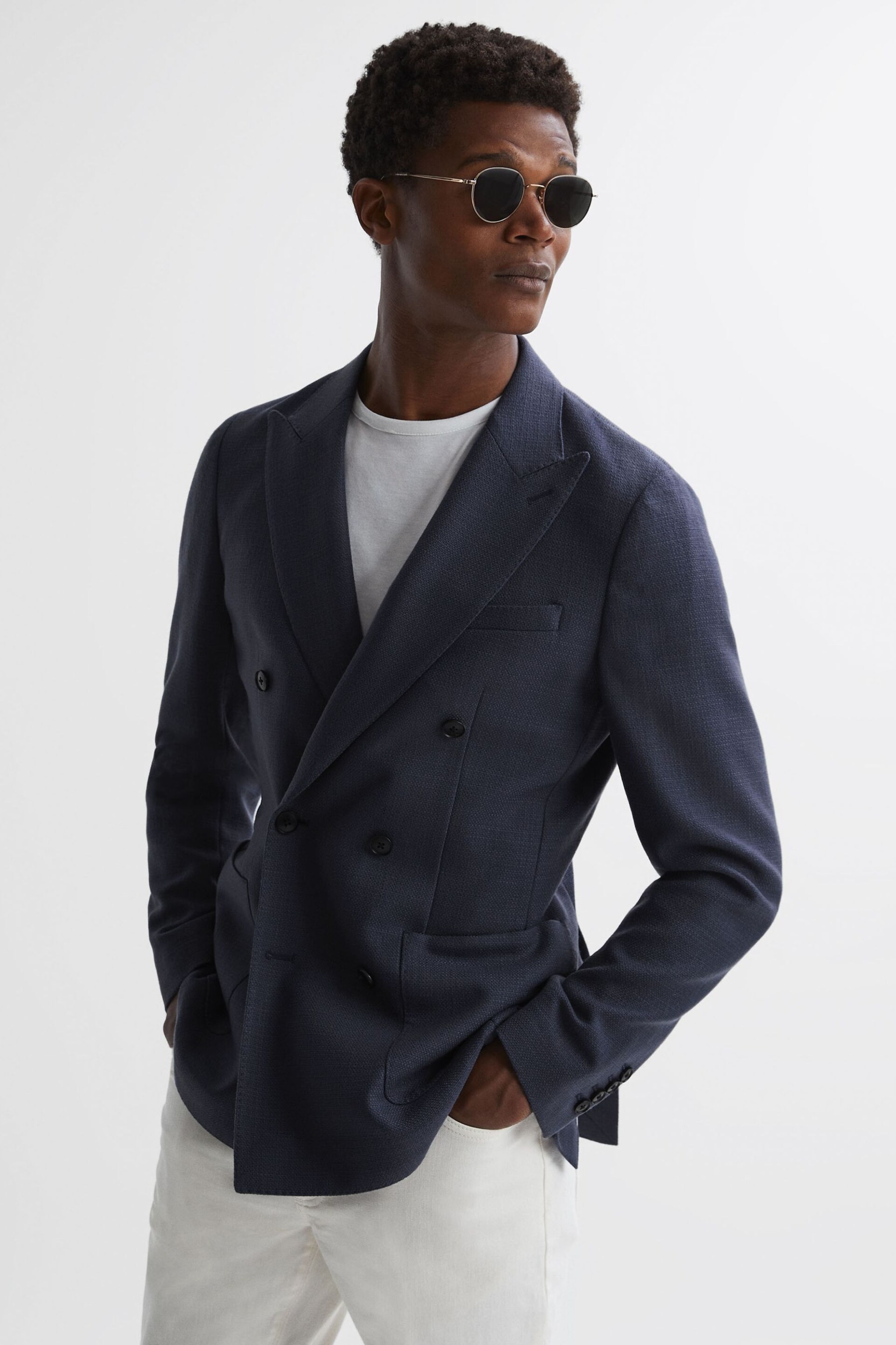 Reiss Airforce Blue Admire Double Breasted Weave Blazer - Image 1 of 6