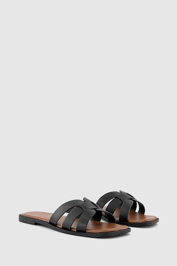 Office Black Leather Woven Sliders