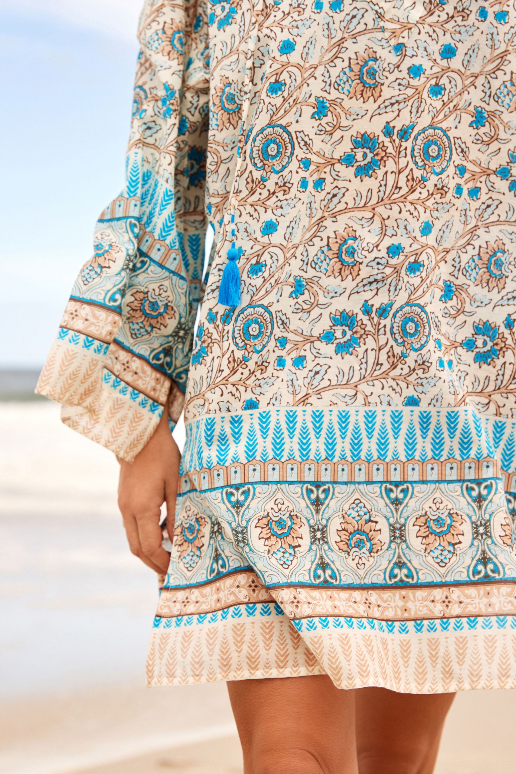 Buy White Blue Woodblock Long Sleeve Beach Kaftan Cover Up from Next Luxembourg