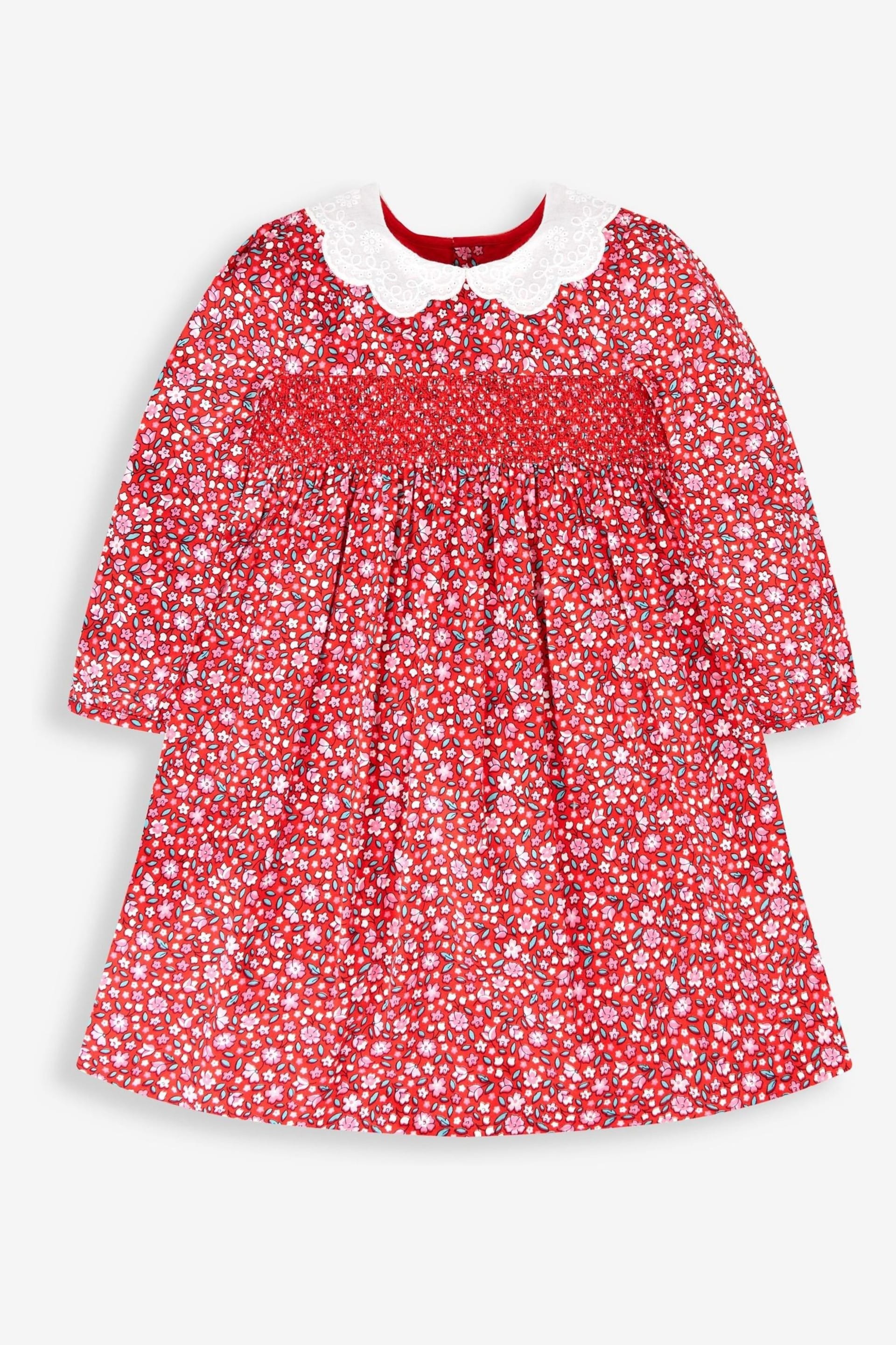 JoJo Maman Bébé Red Girls' Winter Blossom Smocked Party Dress - Image 2 of 6