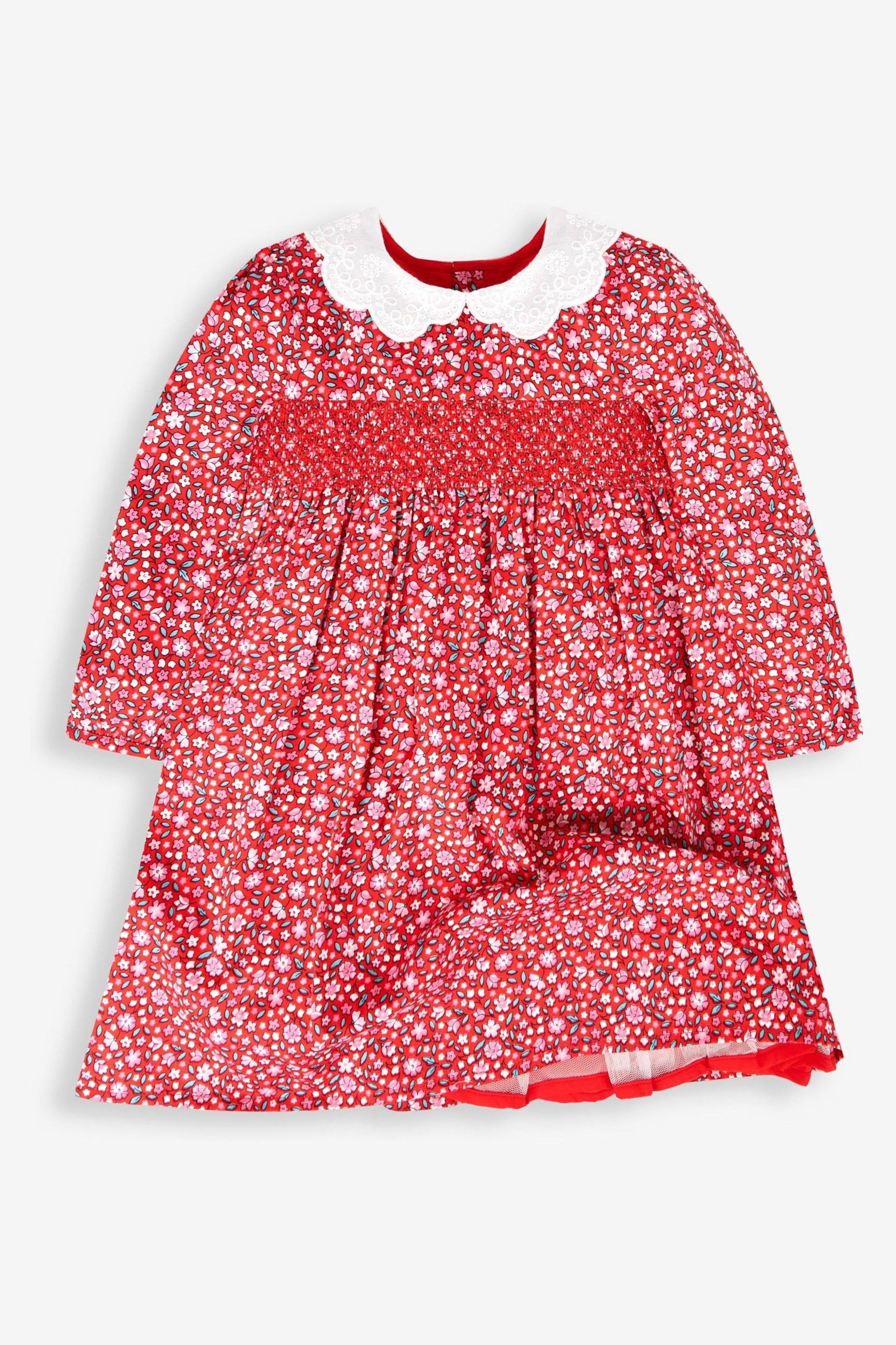 JoJo Maman Bébé Red Girls' Winter Blossom Smocked Party Dress - Image 3 of 6