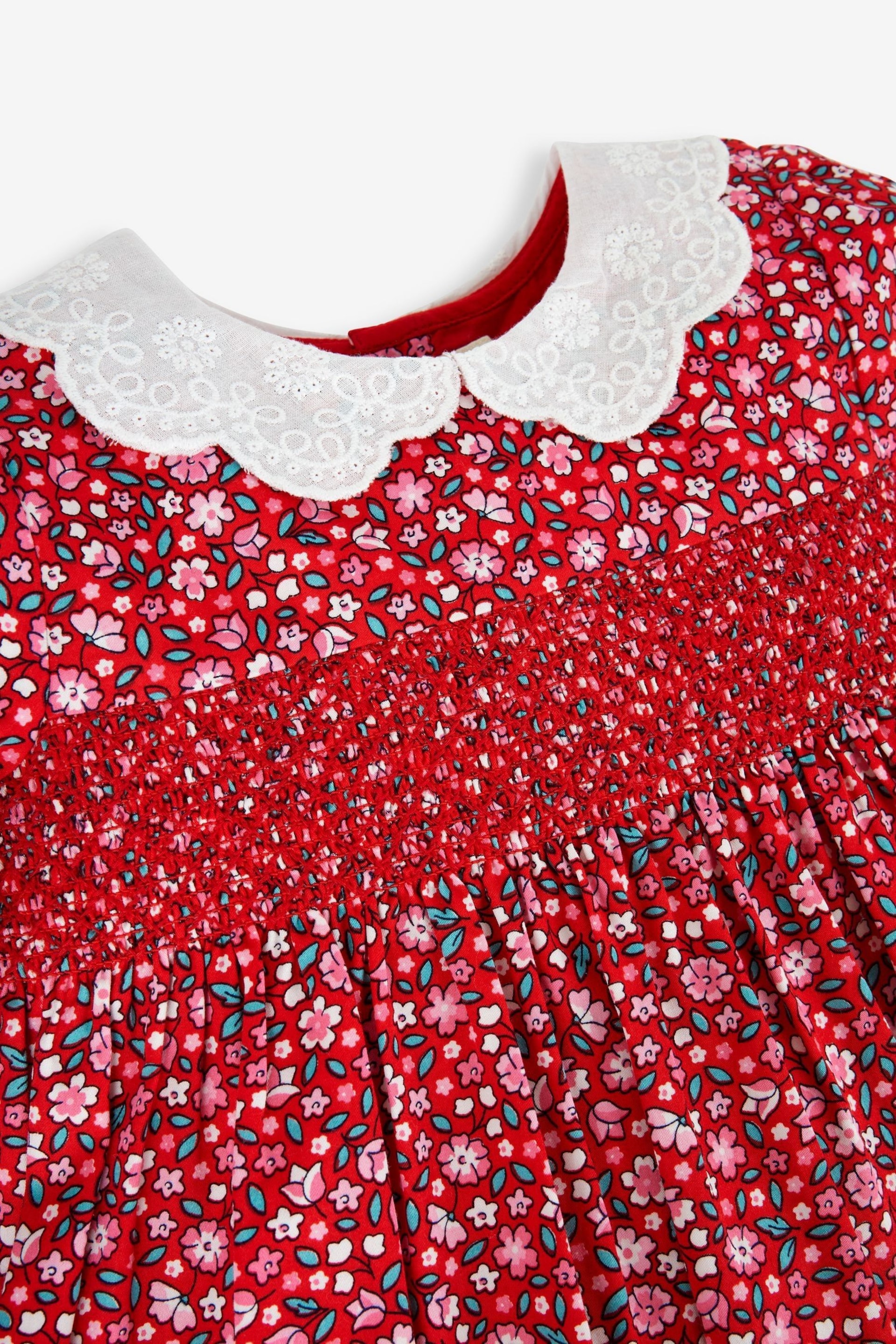 JoJo Maman Bébé Red Girls' Winter Blossom Smocked Party Dress - Image 4 of 6
