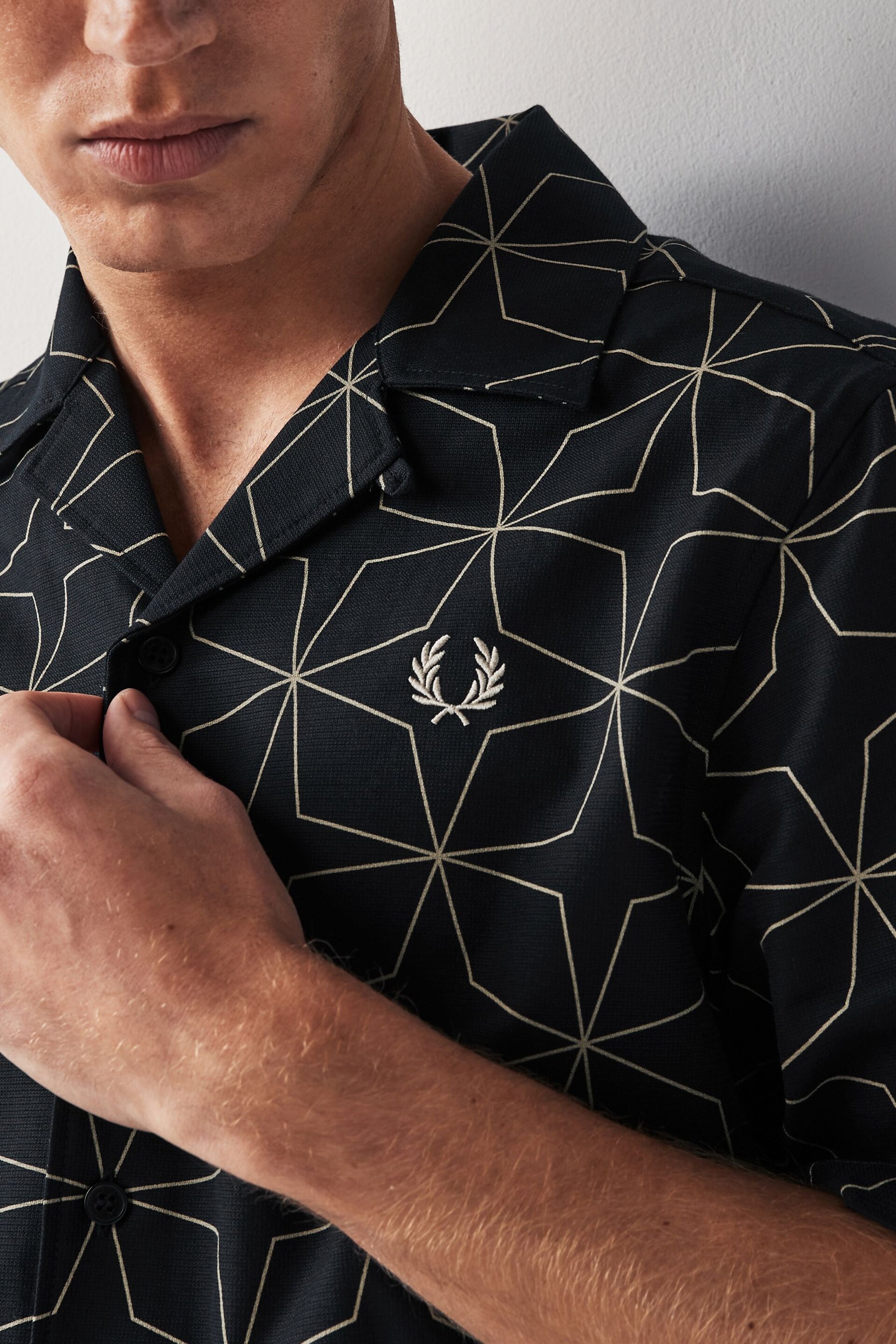 Fred Perry Geometric Print Revere Collar Resort Short Sleeve Shirt - Image 5 of 7