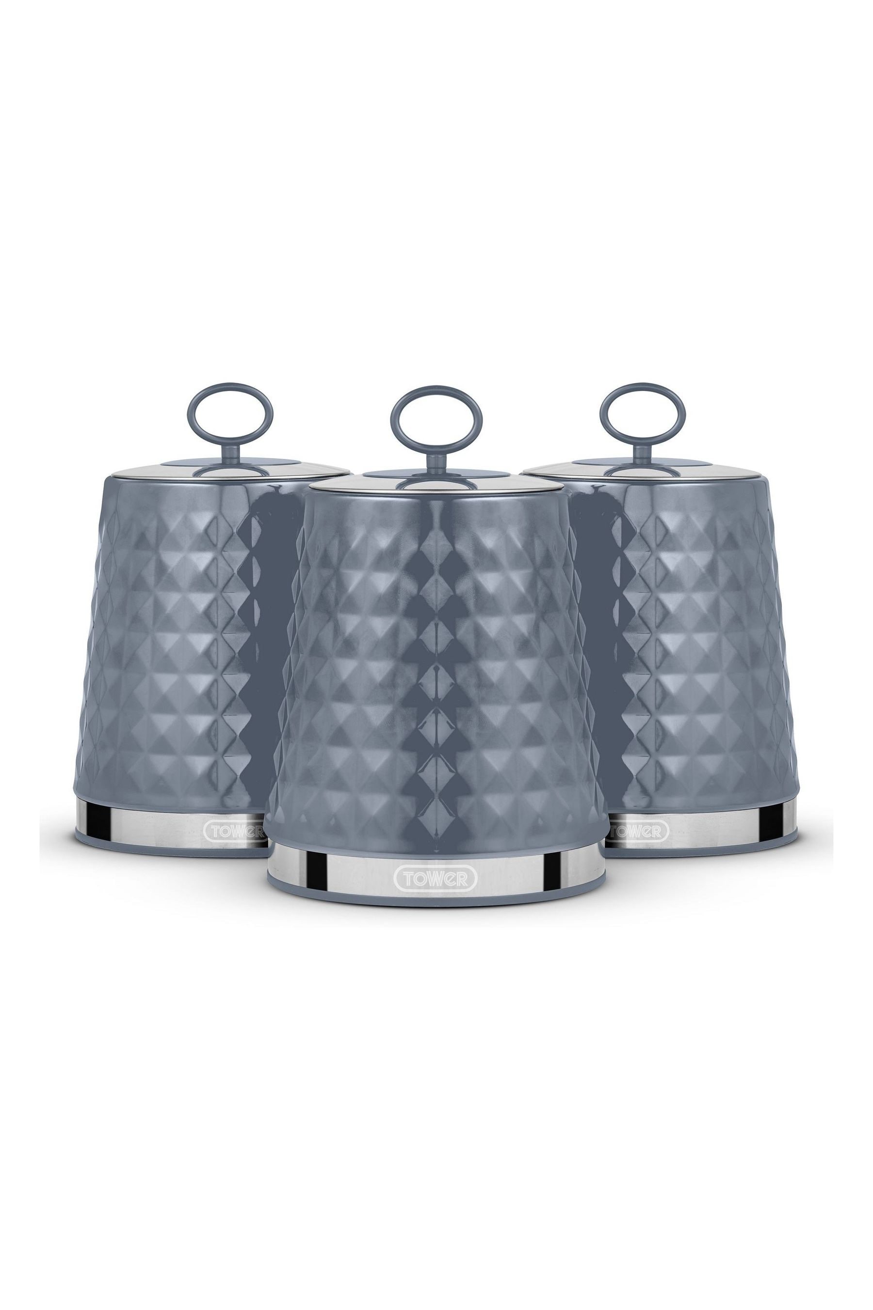 Silver tea coffee sugar shop canisters next