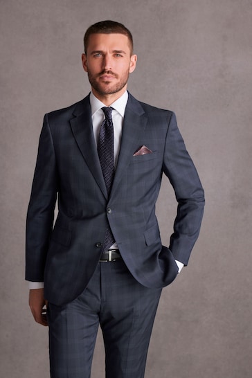 Navy Blue Slim Navy Blue Signature Tollegno Wool Check Suit Jacket