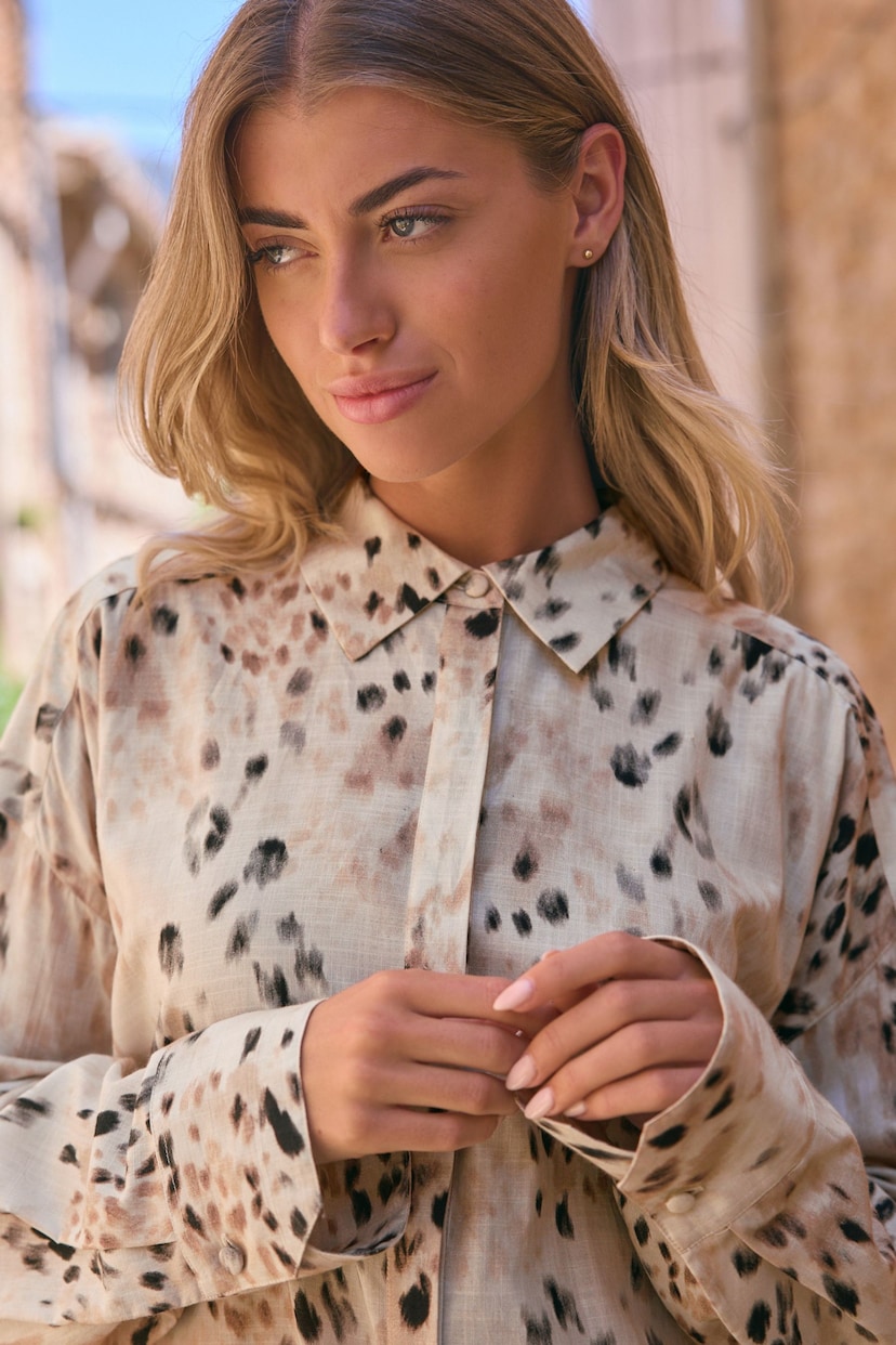 Ecru Cream/Brown Animal Print Long Sleeve Collared Summer Shirt - Image 5 of 7