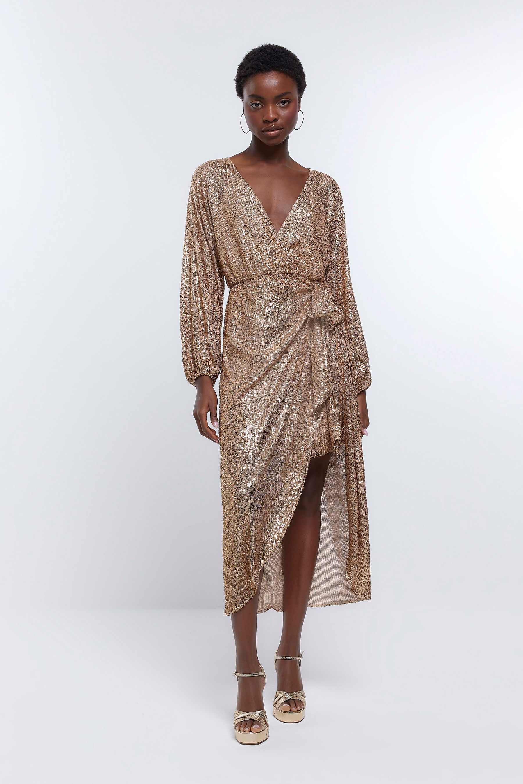 Buy River Island Gold Sequin Kimono wrap Midi Dress from Next Luxembourg