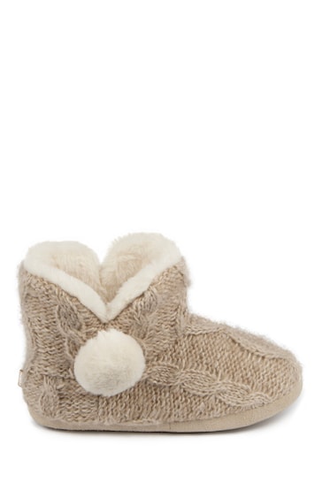 Totes Natural Cable Ladies Boots Slippers With Pom Pom & Faux Fur Lining